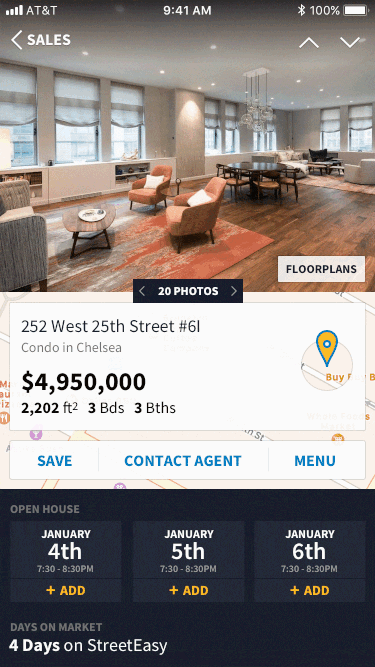 Transition into the the Listing Detail screen photo gallery triggered by a swipe or tap on the image.