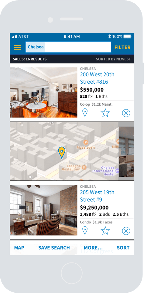 Still image of List View for the Search Experience that allows shoppers to see a map by swiping right on the list item.