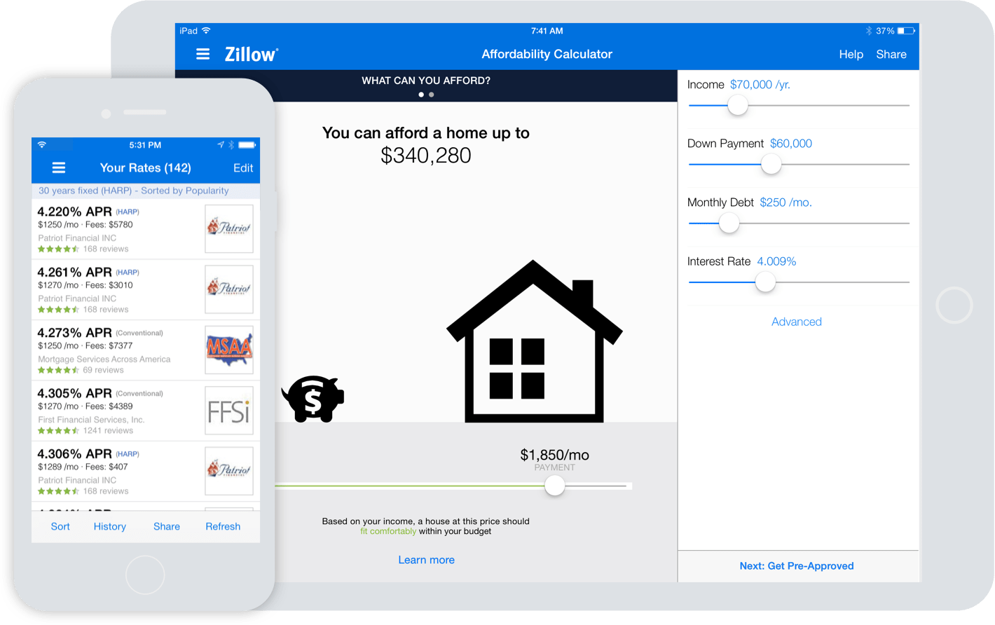 Mortgage native iOS apps from 2013. Similar designs were created for the Android operating system.